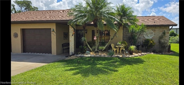 ranch-style house with a garage and a front lawn