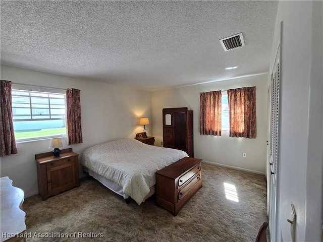 bedroom featuring multiple windows and a textured ceiling