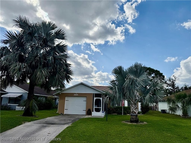 view of front of property featuring driveway, a front lawn, an attached garage, and stucco siding