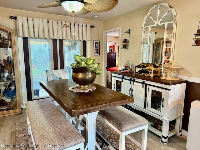 dining room featuring light wood-style floors and a ceiling fan