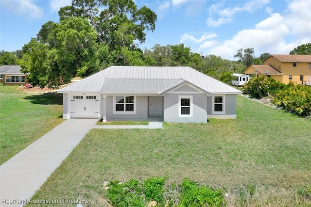 ranch-style home with a front lawn and a garage