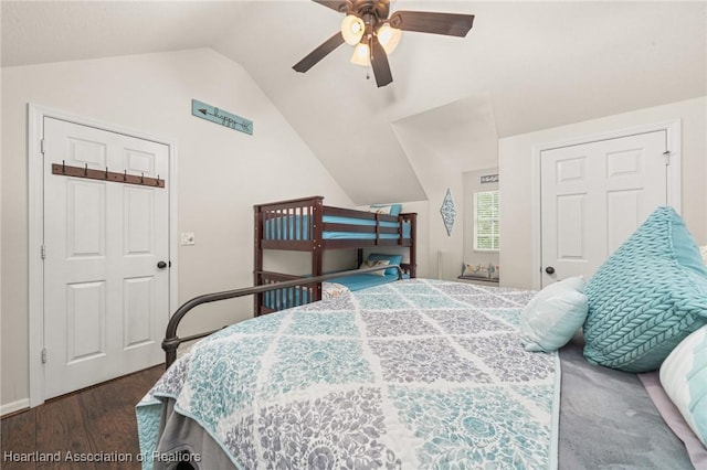 509 Bear Rd, Lake Placid, FL 33852 - bedroom with vaulted ceiling, dark wood-style flooring, and ceiling fan