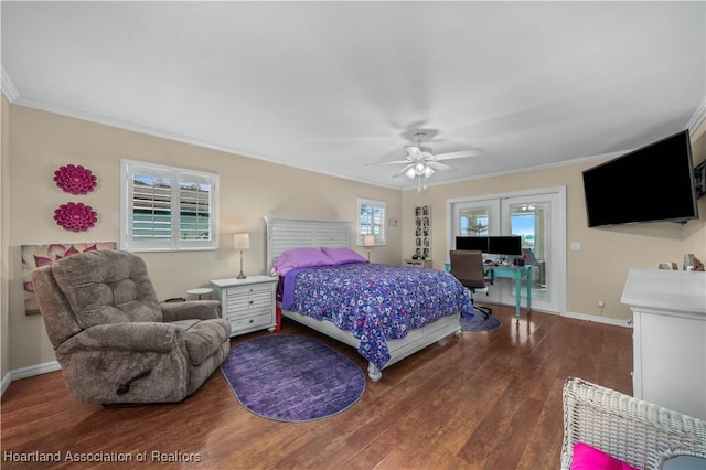 bedroom with multiple windows, ornamental molding, dark hardwood / wood-style flooring, and ceiling fan