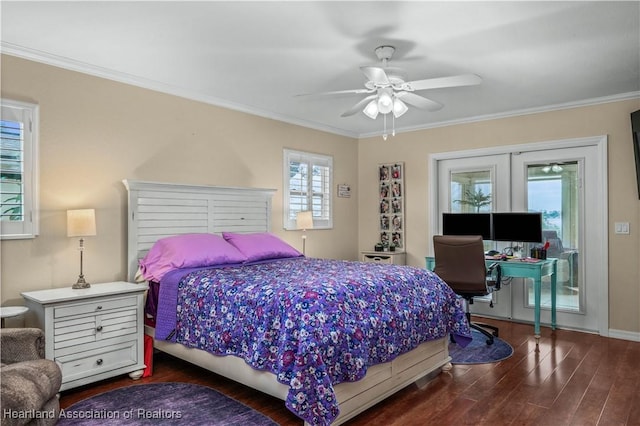 bedroom with ceiling fan, ornamental molding, and hardwood / wood-style floors