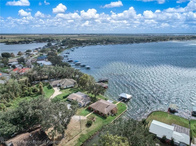 drone / aerial view with a water view