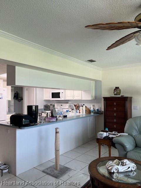 kitchen featuring white cabinets, a textured ceiling, ceiling fan, and ornamental molding