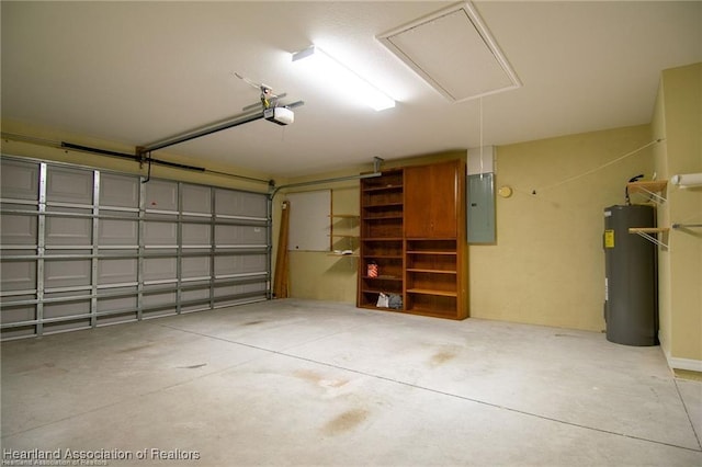 garage with a garage door opener, electric panel, and electric water heater