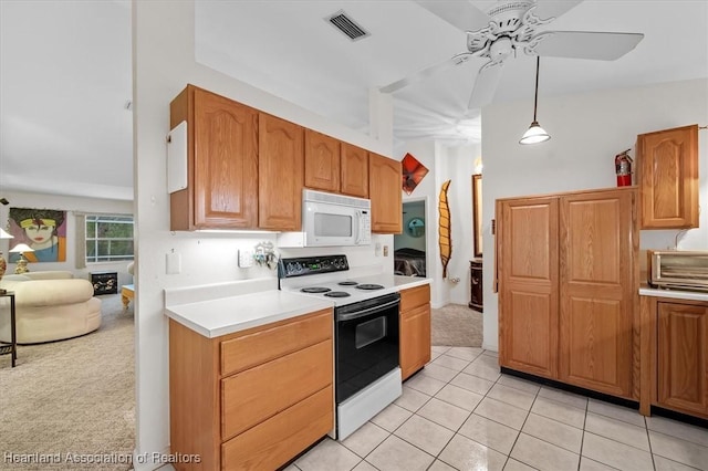 kitchen with ceiling fan, light tile patterned flooring, hanging light fixtures, and white appliances