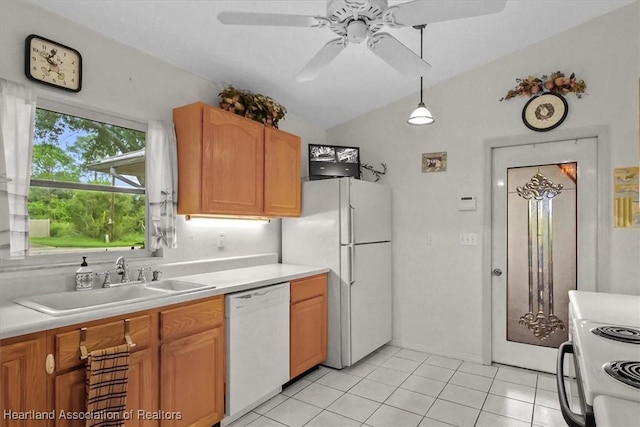 kitchen with ceiling fan, sink, pendant lighting, white appliances, and light tile patterned floors