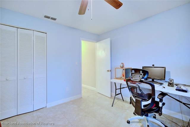 home office featuring visible vents, ceiling fan, and baseboards