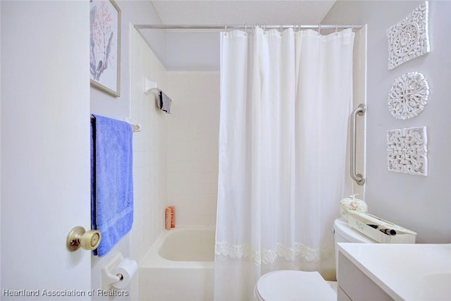 full bath with vanity, toilet, and shower / tub combo with curtain