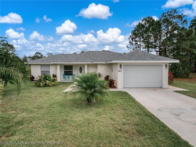 single story home featuring a garage and a front yard