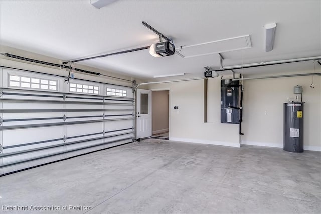 garage with heating unit, a garage door opener, and water heater