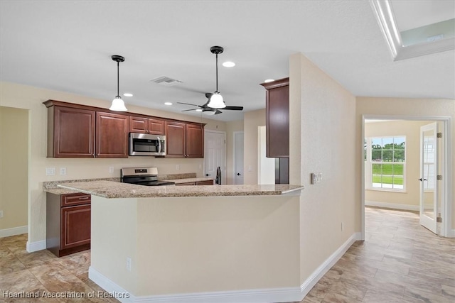 kitchen with kitchen peninsula, light stone countertops, ceiling fan, and stainless steel appliances