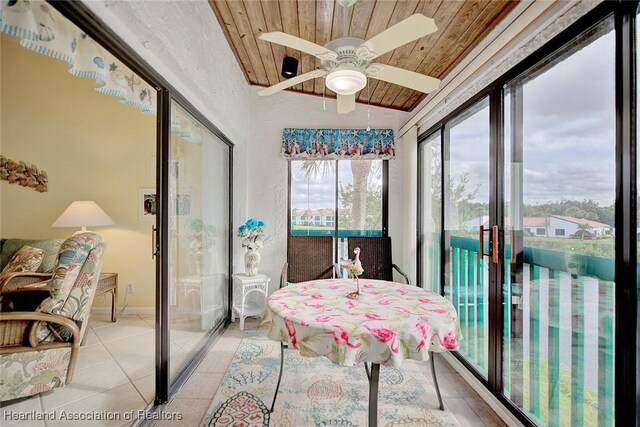 sunroom / solarium featuring ceiling fan and wooden ceiling