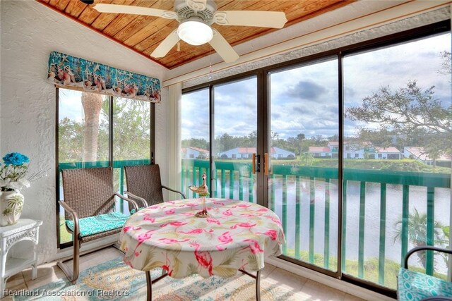 sunroom with a water view, ceiling fan, and wood ceiling