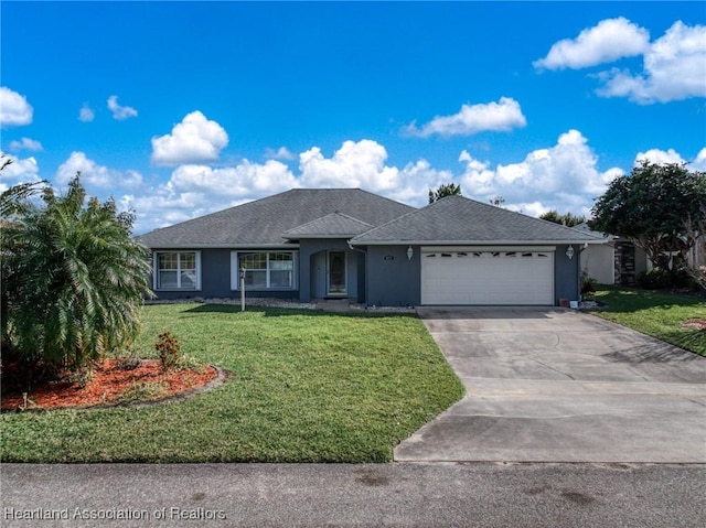 ranch-style house with a garage, concrete driveway, a front lawn, and stucco siding