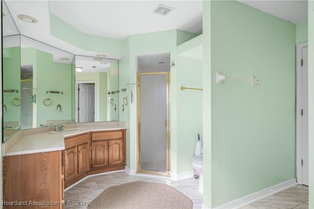 full bathroom featuring vanity, visible vents, baseboards, marble finish floor, and a stall shower