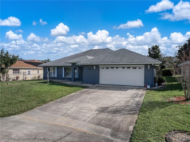 single story home with a front yard, driveway, an attached garage, and stucco siding