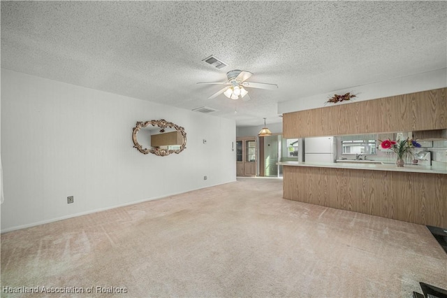 interior space featuring light carpet, sink, a textured ceiling, and ceiling fan