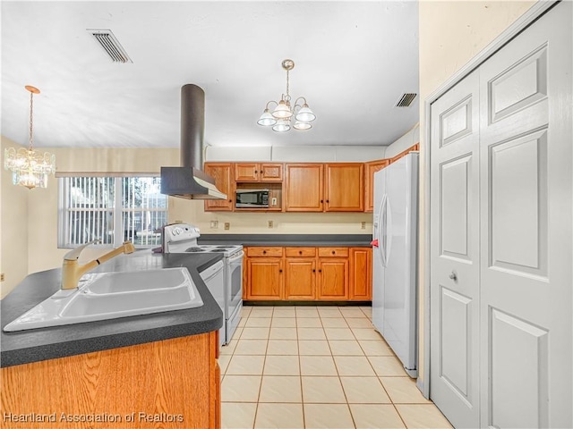 kitchen featuring sink, white appliances, a chandelier, and island exhaust hood