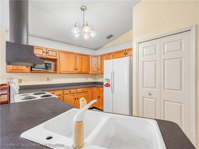 kitchen featuring decorative light fixtures, lofted ceiling, sink, island exhaust hood, and white appliances