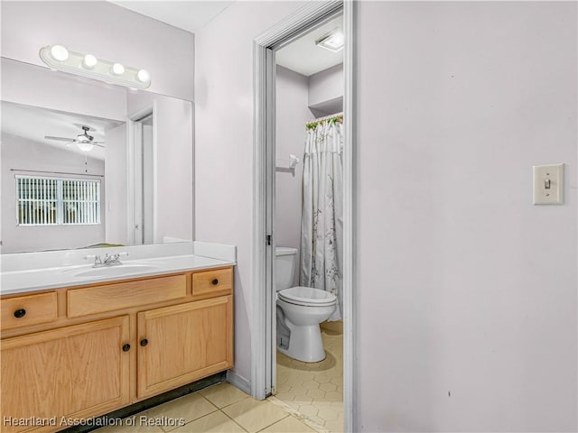 bathroom featuring tile patterned flooring, vanity, ceiling fan, walk in shower, and toilet