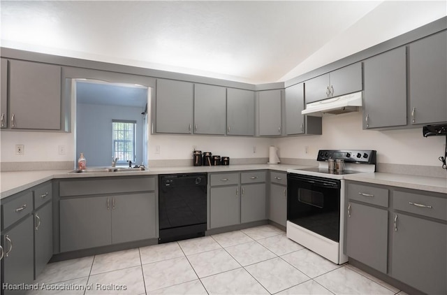 671 Lake Tina Dr, Lake Placid, FL 33852 - kitchen featuring range with electric stovetop, dishwasher, under cabinet range hood, gray cabinetry, and a sink