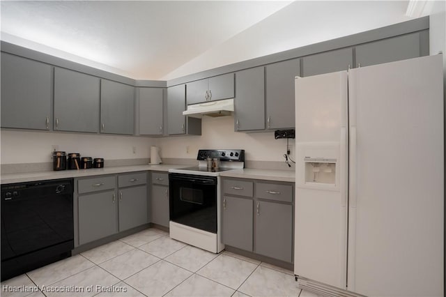 671 Lake Tina Dr, Lake Placid, FL 33852 - kitchen featuring white refrigerator with ice dispenser, range with electric stovetop, black dishwasher, under cabinet range hood, and gray cabinetry