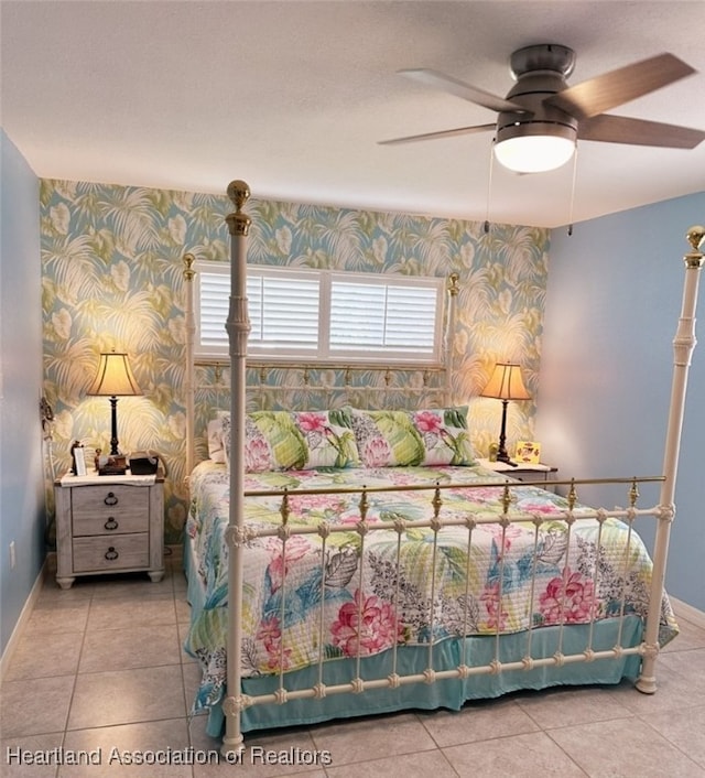 6401 Matanzas Dr, Sebring, FL 33872 - bedroom featuring wallpapered walls, baseboards, tile patterned floors, and ceiling fan