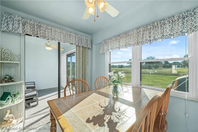 dining space with ceiling fan