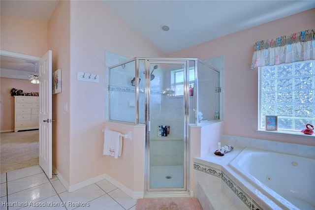 bathroom with tile patterned flooring, plus walk in shower, and vaulted ceiling