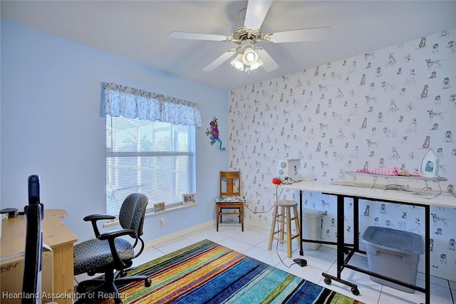 office area featuring light tile patterned floors and ceiling fan