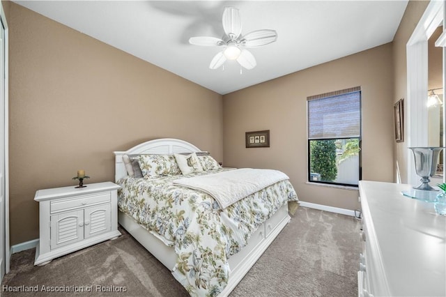 bedroom featuring ceiling fan and carpet flooring