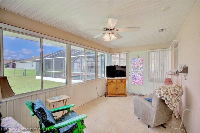 sunroom / solarium with ceiling fan