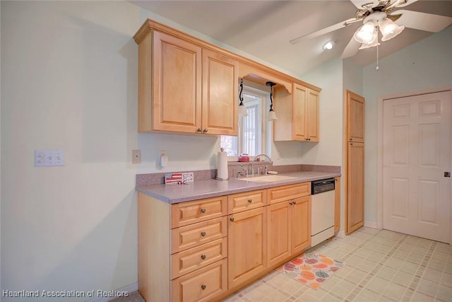 kitchen featuring light brown cabinetry, dishwasher, and sink