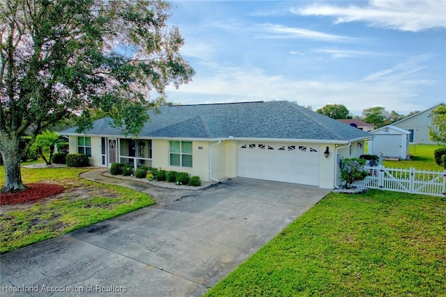 single story home featuring a front lawn and a garage