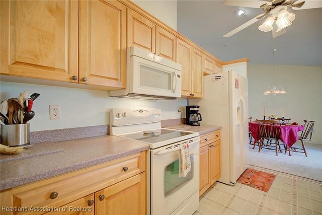 kitchen featuring ceiling fan with notable chandelier, light brown cabinets, white appliances, and decorative light fixtures