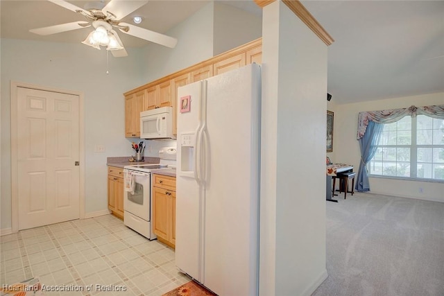 kitchen with ceiling fan, light brown cabinets, light colored carpet, and white appliances