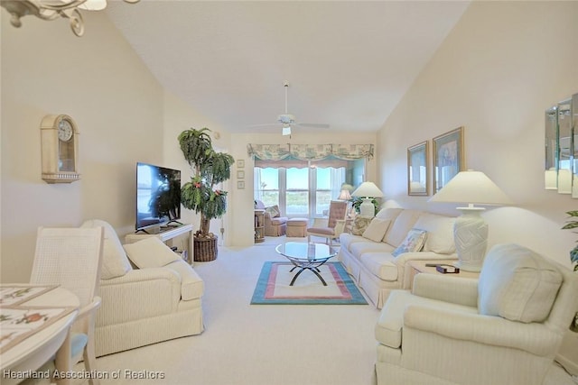 508 Chelsee Way, Lake Placid, FL 33852 - living area with vaulted ceiling, a ceiling fan, and carpet floors