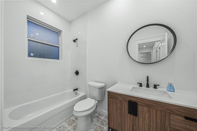 full bathroom featuring vanity, toilet, bathing tub / shower combination, and tile patterned flooring