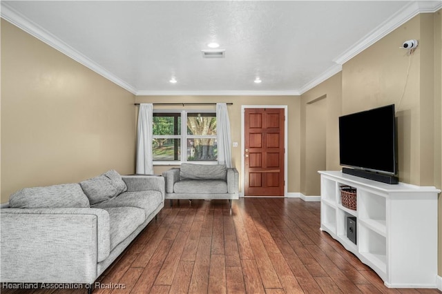 living room with crown molding and dark hardwood / wood-style floors