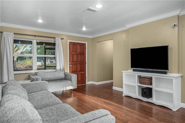 living room with dark hardwood / wood-style floors and crown molding