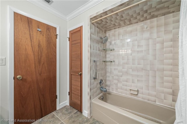 bathroom with shower / bath combo with shower curtain, tile patterned floors, and crown molding