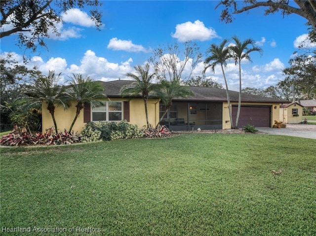 ranch-style house with a garage and a front yard