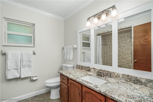 bathroom with curtained shower, tile patterned flooring, toilet, vanity, and ornamental molding