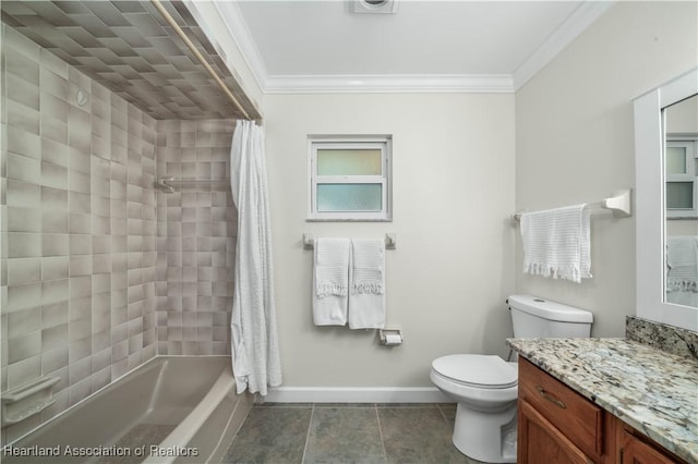 full bathroom featuring vanity, toilet, shower / bathtub combination with curtain, and ornamental molding