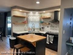 300 Whatley Blvd, Sebring, FL 33870 - kitchen with wall chimney range hood, stove, open shelves, tasteful backsplash, and recessed lighting