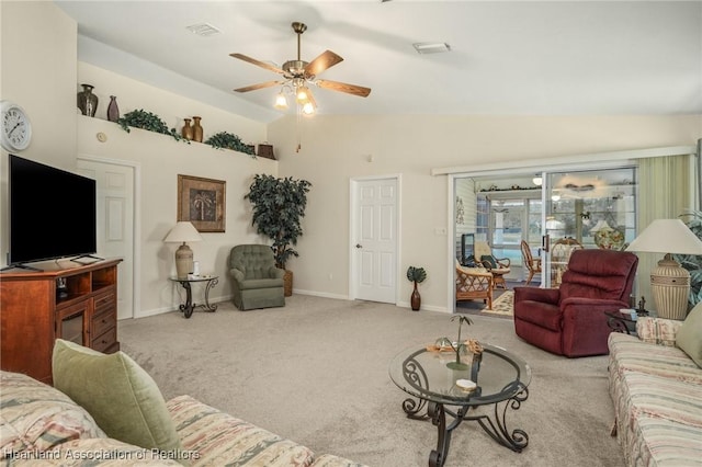 carpeted living room featuring lofted ceiling and ceiling fan