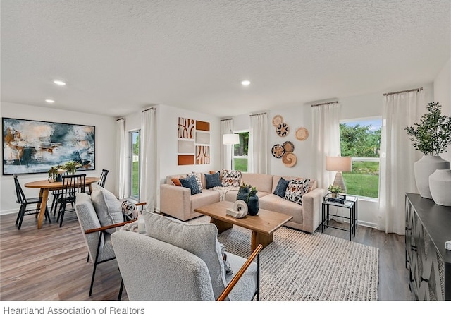 living room with a textured ceiling and light hardwood / wood-style flooring